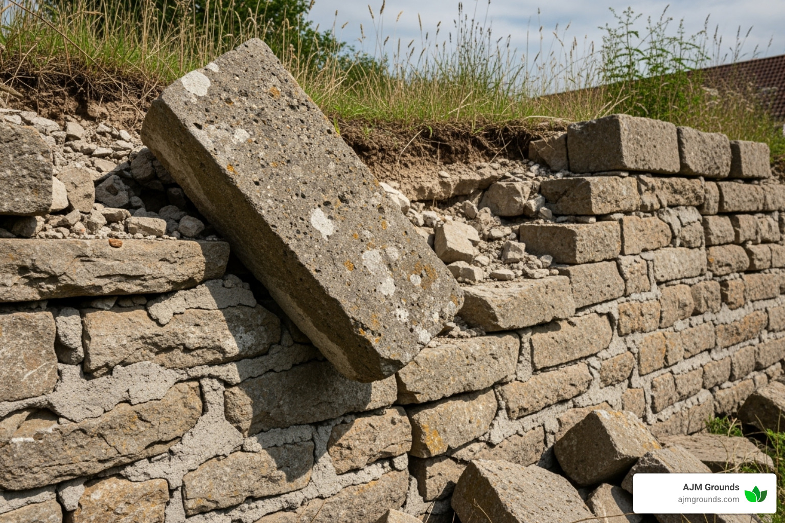 Don't Skip the Base! Why Your Retaining Wall Needs a Solid Paver Base a leaning and failing retaining wall with uneven blocks - paver base for retaining wall