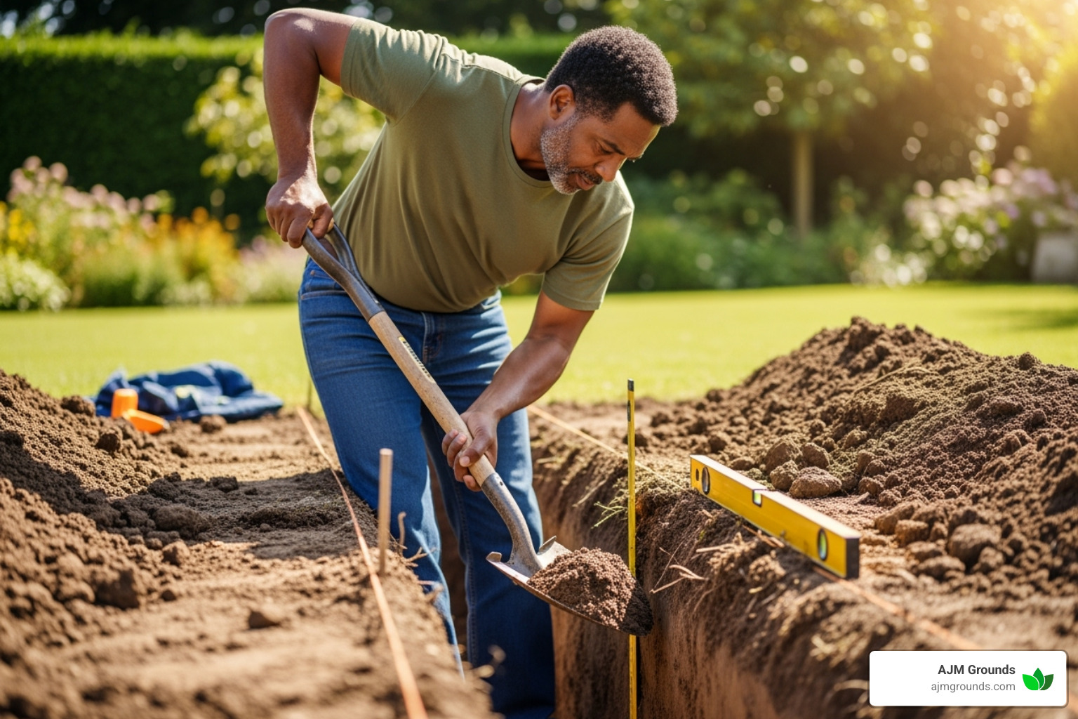 Don't Skip the Base! Why Your Retaining Wall Needs a Solid Paver Base a person using a shovel and level to prepare a trench for a retaining wall - paver base for retaining wall