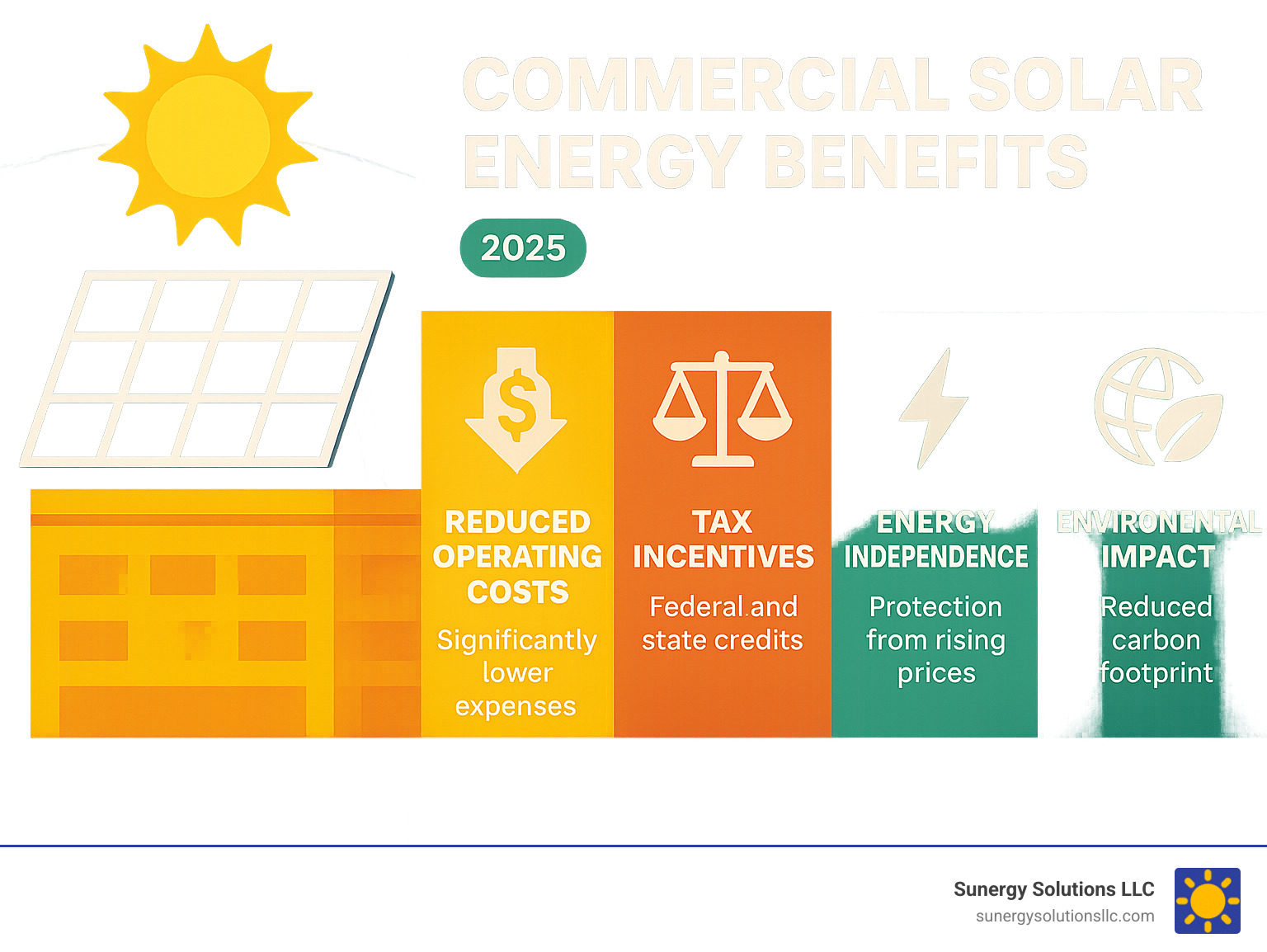 Infographic detailing the top commercial solar energy benefits, including reduced operating costs, tax incentives, energy independence, improved brand image, and environmental impact. - commercial solar energy benefits infographic