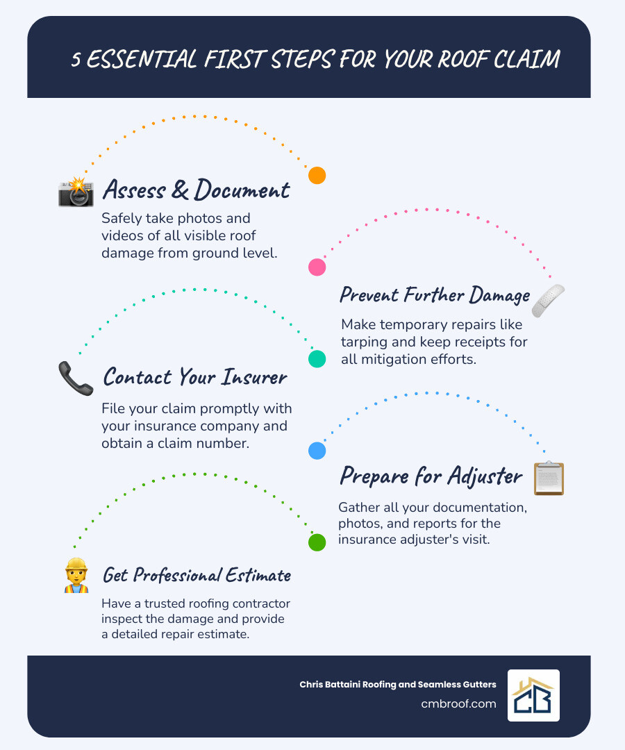 infographic explaining the 5 essential steps of a roof insurance claim - roof insurance claim help infographic infographic-line-5-steps-blues-accent_colors