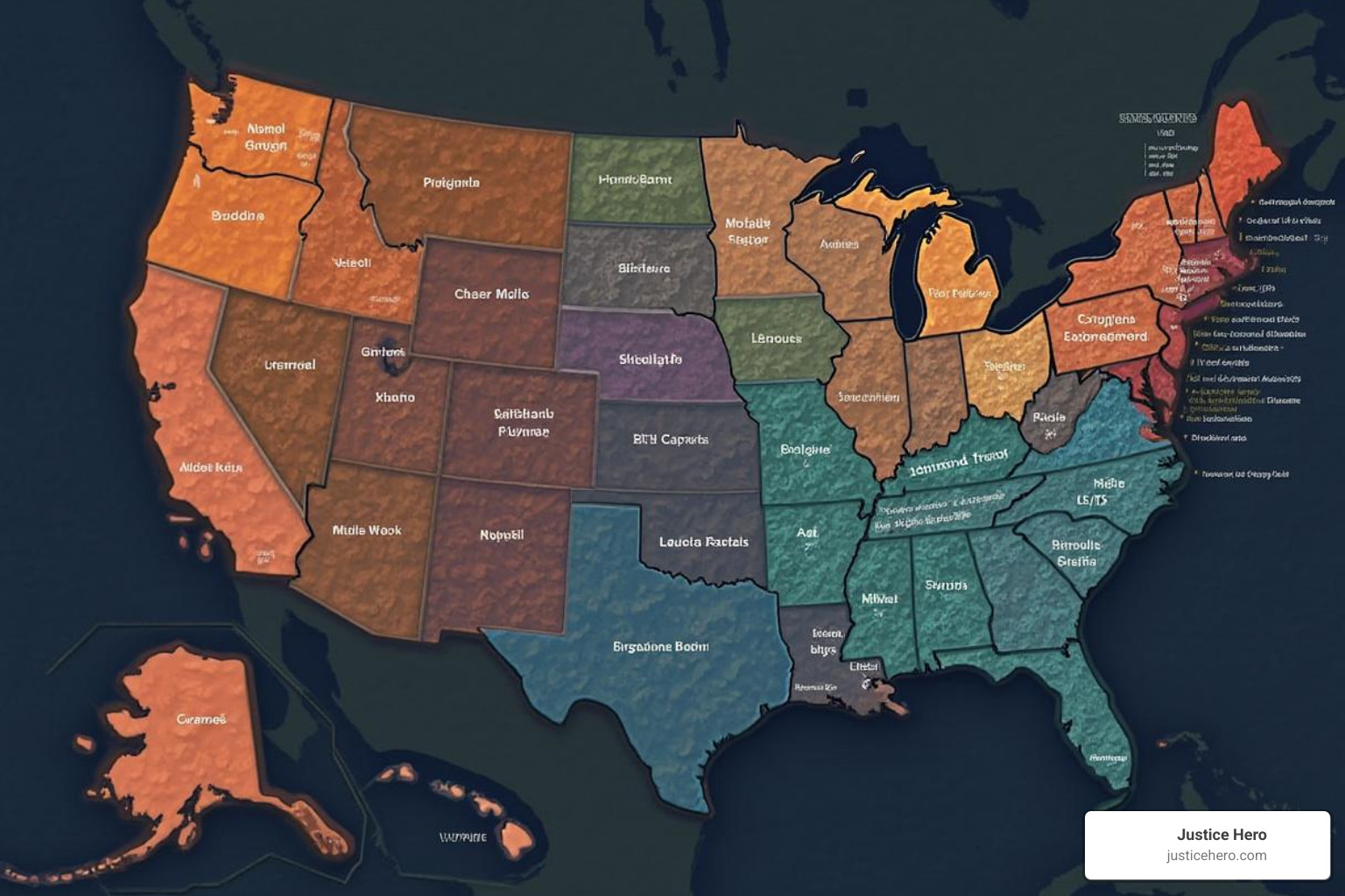 map of the United States with several states highlighted - motor vehicle accident laws