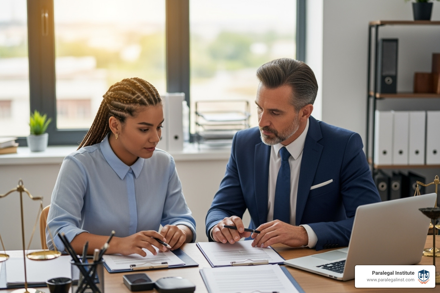 Paralegal collaborating with an attorney on a case file - how much do personal injury paralegals make Paralegal collaborating with an attorney on a case file - how much do personal injury paralegals make