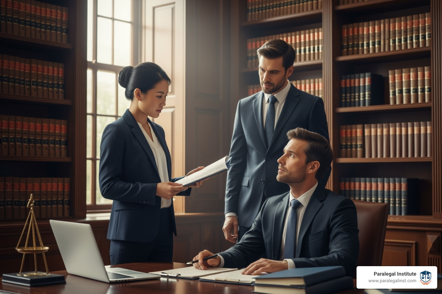 A paralegal confidently speaking with an attorney in a law library, surrounded by legal texts. - paralegal education Las Vegas A paralegal confidently speaking with an attorney in a law library, surrounded by legal texts. - paralegal education Las Vegas