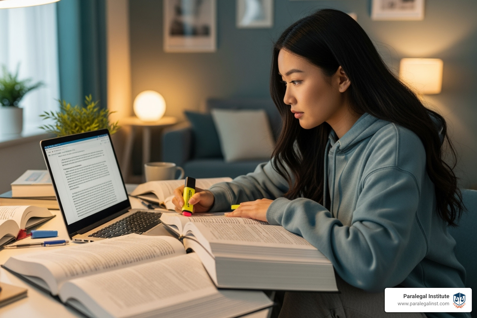 A student learning in an online classroom environment, engaged with a laptop and legal textbooks. - paralegal education Las Vegas A student learning in an online classroom environment, engaged with a laptop and legal textbooks. - paralegal education Las Vegas