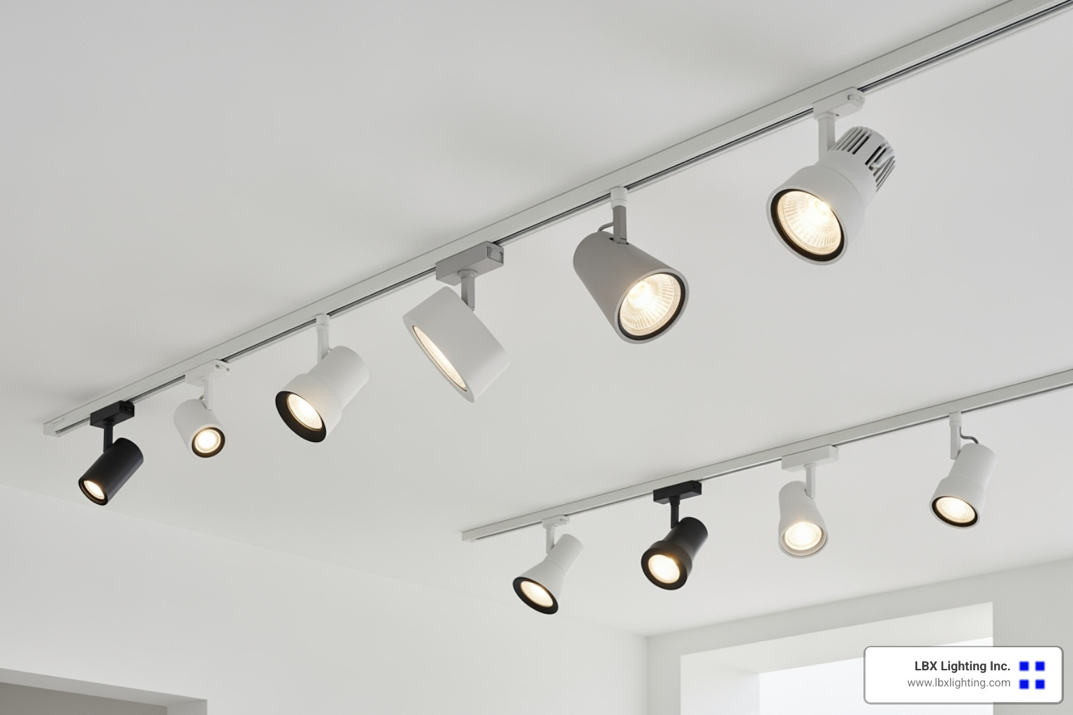 track head styles on a single track - energy efficient track lighting