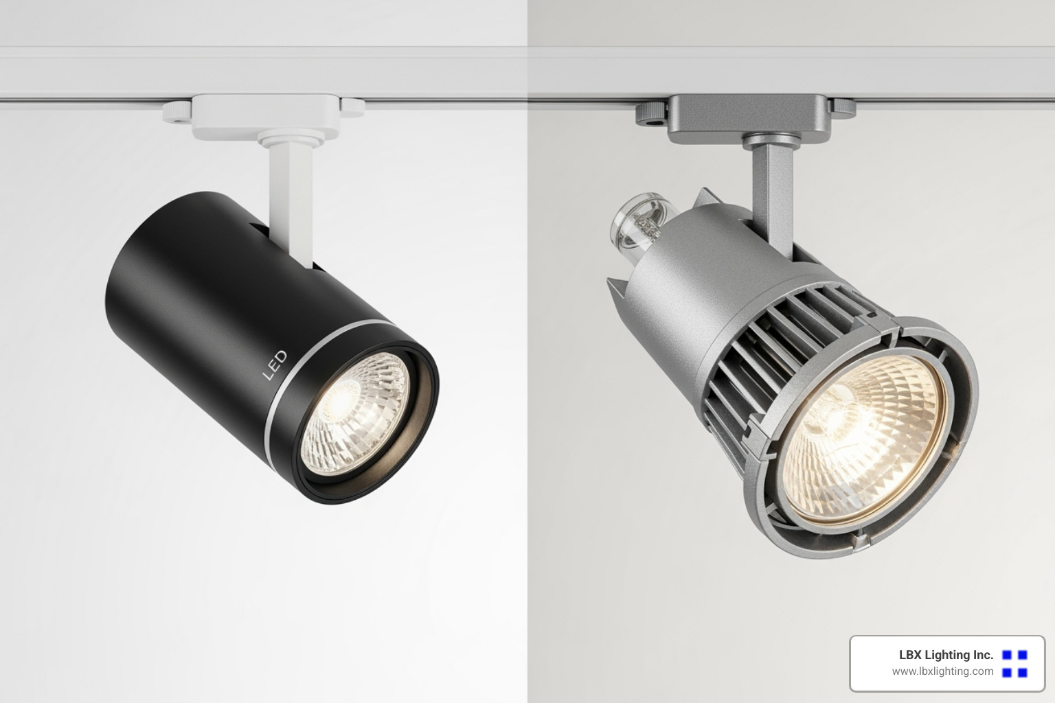 sleek LED track head vs bulky halogen - energy efficient track lighting