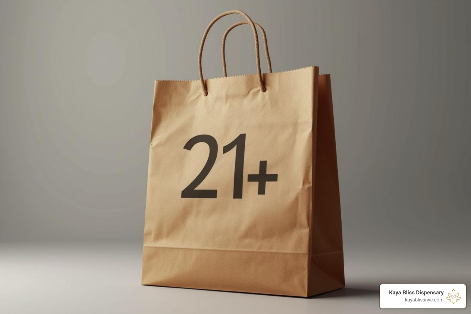 Discreet, stylish paper bag from a Brooklyn dispensary with a "21+" symbol - cannabis edibles nyc