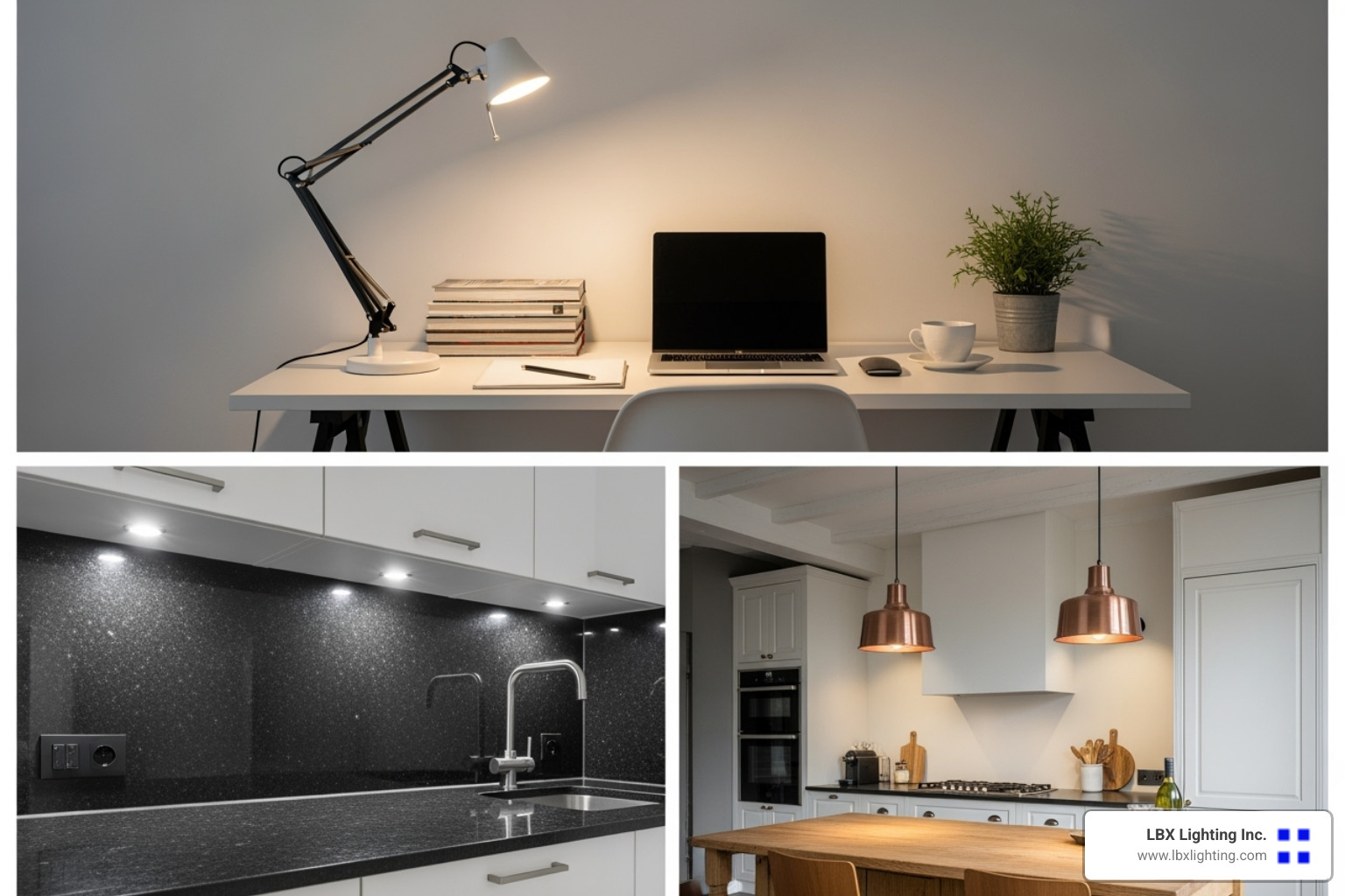 Various task light fixtures including a desk lamp, under-cabinet lights, and a pendant light over a counter - task light placement