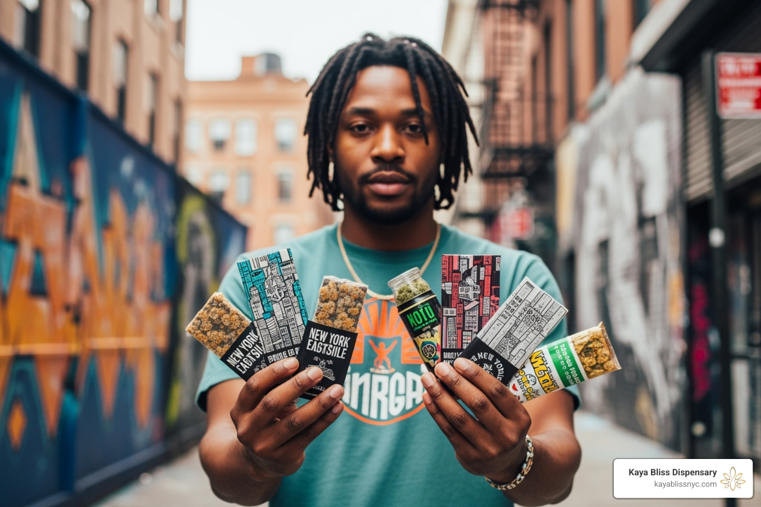 Curated flat-lay of New York-produced edible types like gummies, chocolates, and tinctures against an artistic Brooklyn-inspired background - cannabis edibles nyc