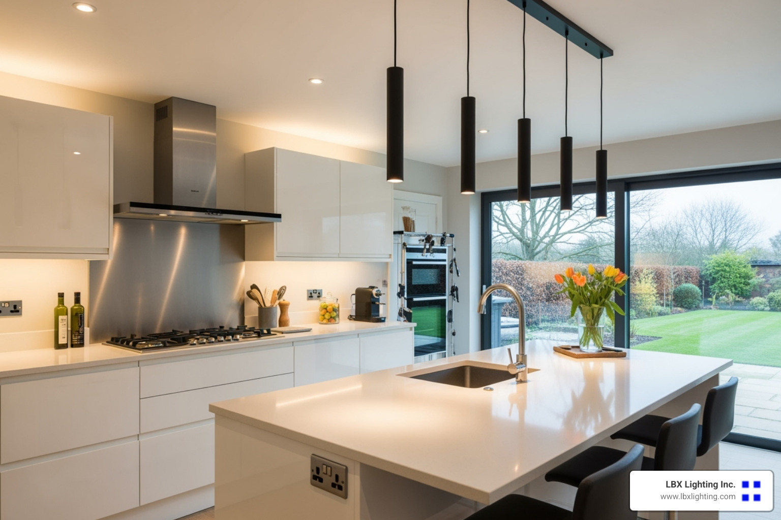 Well-lit kitchen with under-cabinet and pendant task lighting - task light placement