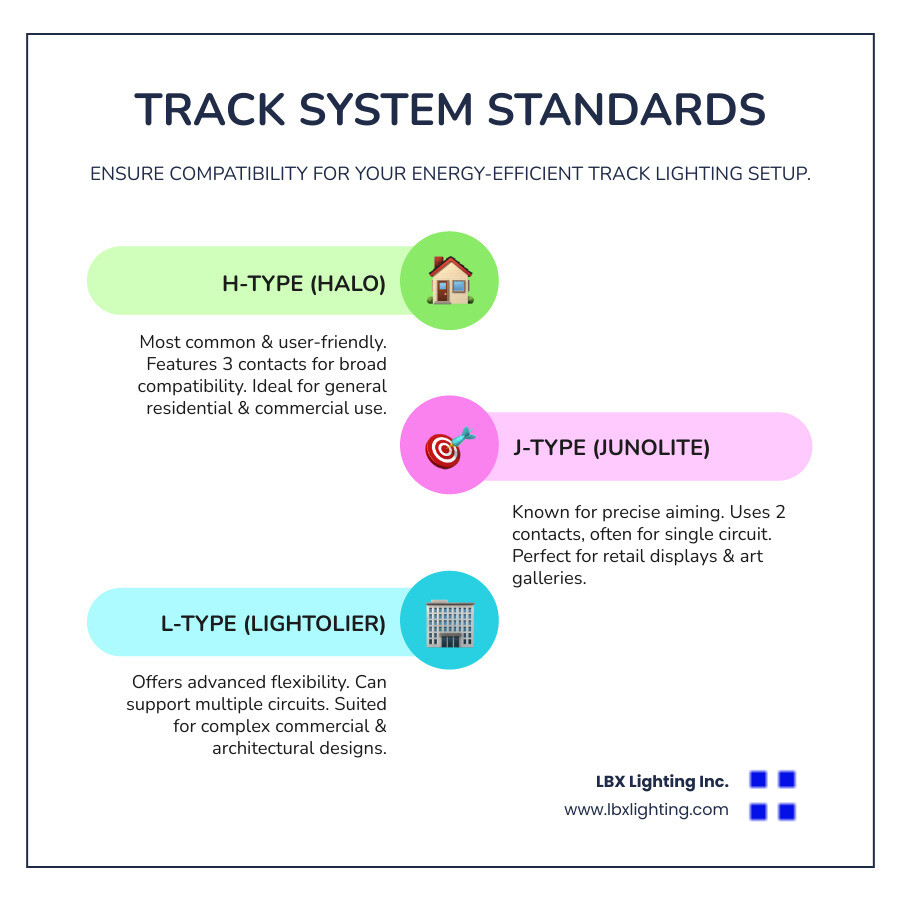 table comparing H-Type, J-Type, L-Type track systems - energy efficient track lighting infographic infographic-line-3-steps-colors
