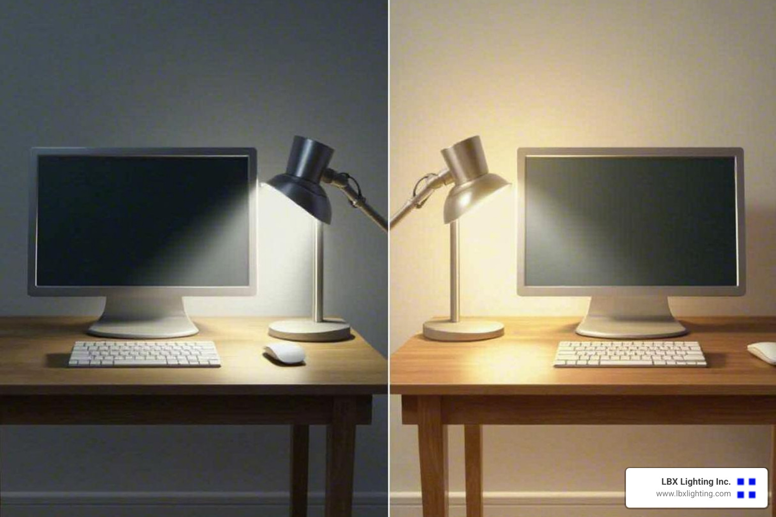 Wrong way (glare on a screen) vs. right way (lamp angled to the side) to light a computer desk - task light placement