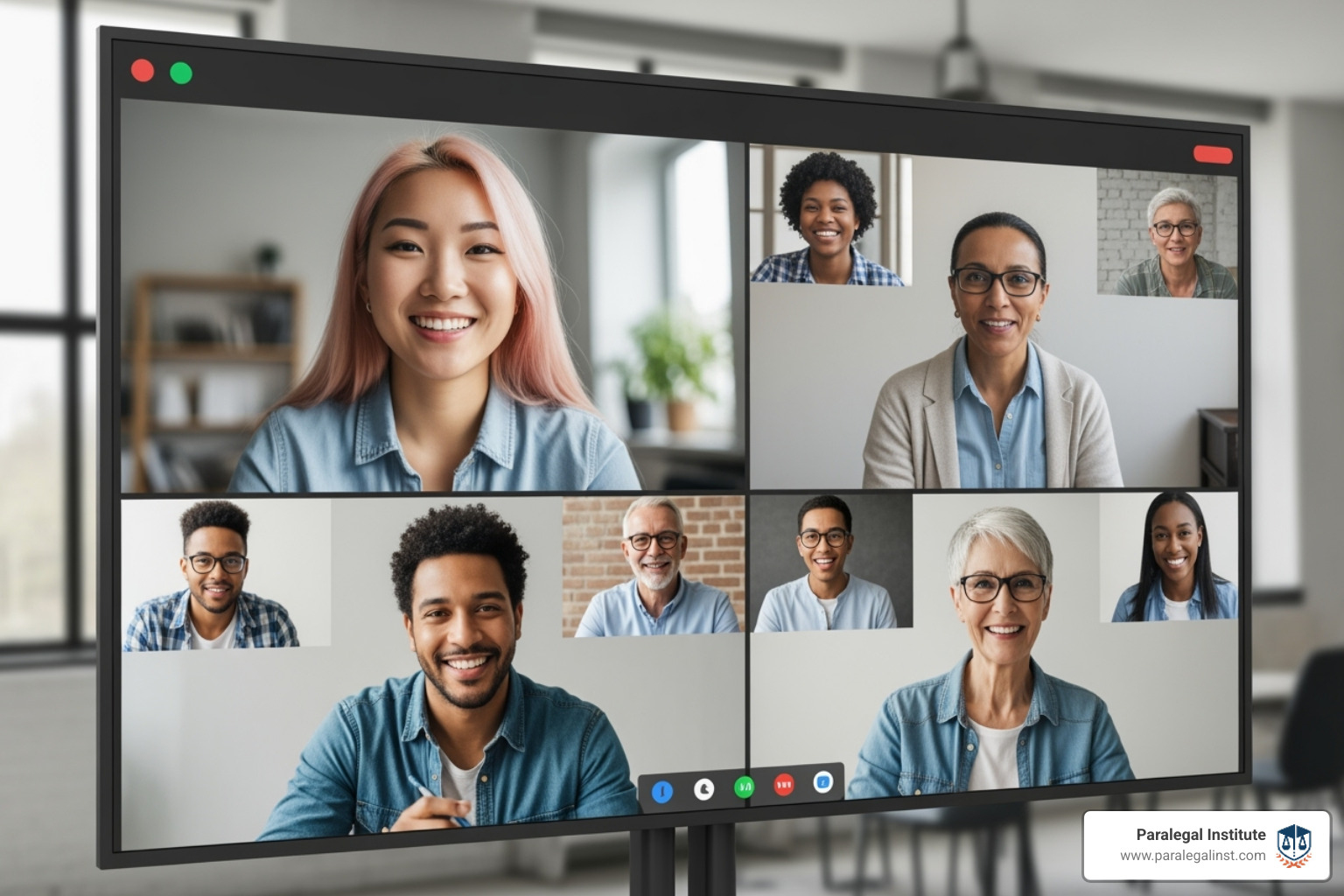 Diverse group of students in an online class session - short paralegal courses Diverse group of students in an online class session - short paralegal courses