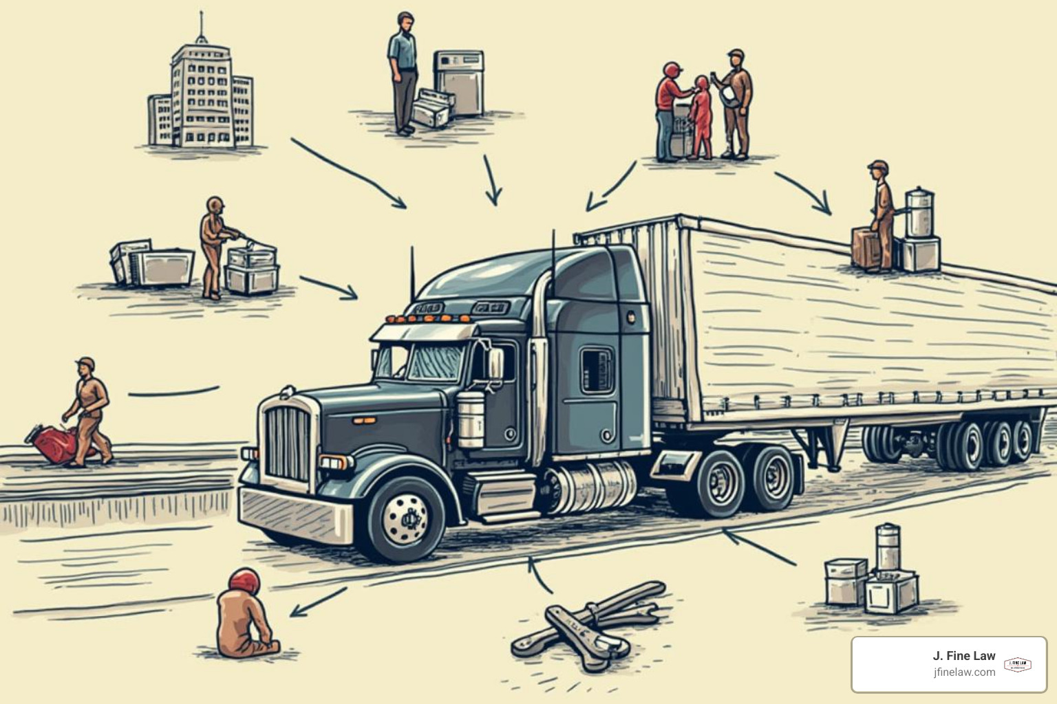 Diagrama que muestra múltiples partes potencialmente culpables relacionadas con una demanda por lesiones por accidente de camión