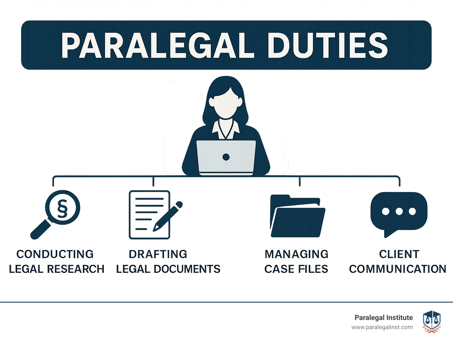 Infographic detailing the typical duties and responsibilities of a paralegal, including conducting legal research, drafting legal documents, managing case files, and client communication. - paralegal education Las Vegas infographic Infographic detailing the typical duties and responsibilities of a paralegal, including conducting legal research, drafting legal documents, managing case files, and client communication. - paralegal education Las Vegas infographic