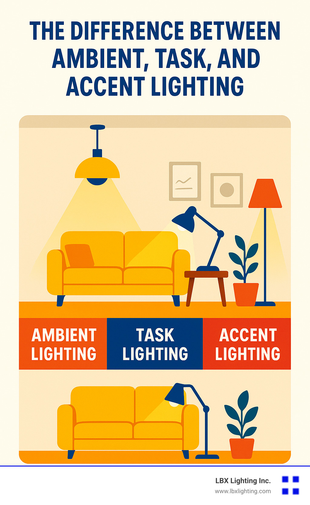 Infographic explaining the difference between ambient, task, and accent lighting in a living room setting. - task light placement infographic 