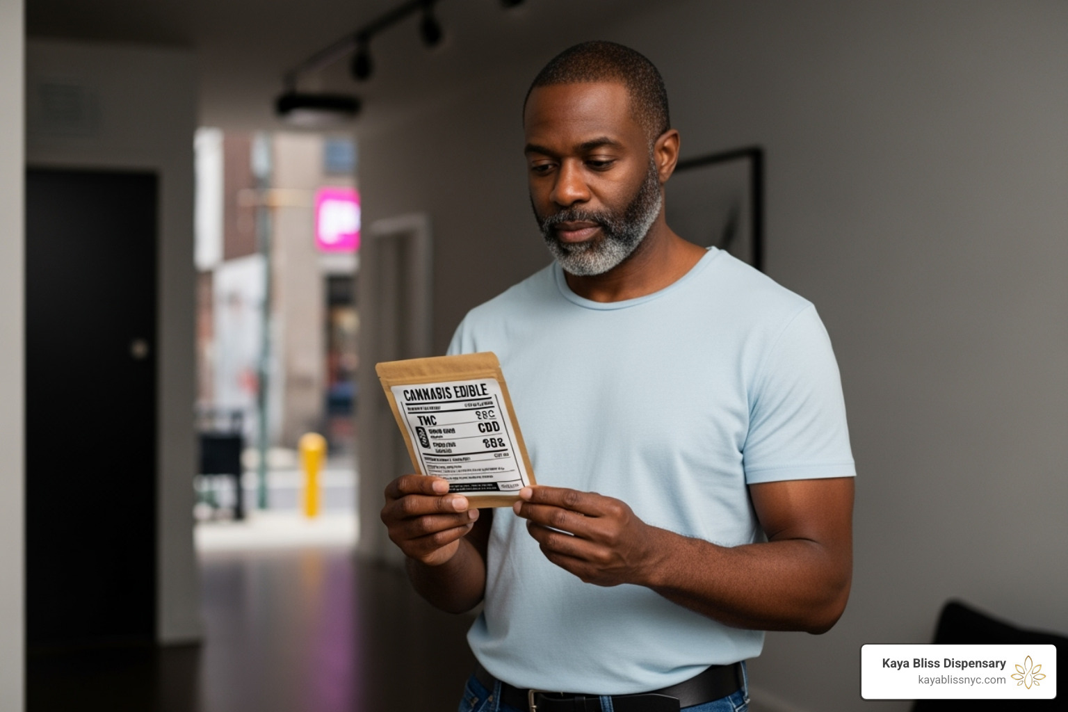 Person looking thoughtfully at a New York edible's packaging, focusing on dosage and cannabinoid label - cannabis edibles nyc