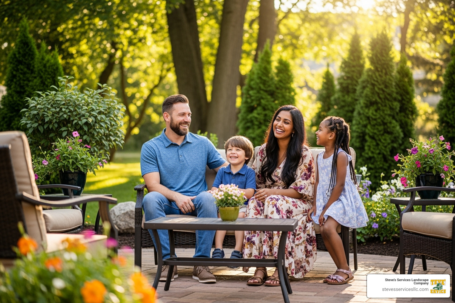 Happy family enjoying their new paver patio - paver patio installation near me