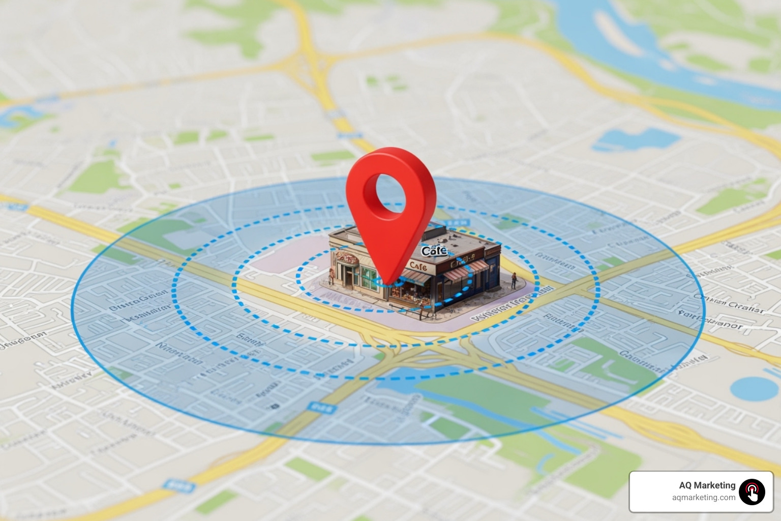 a map showing a geo-targeted ad radius around a local business - local business social media