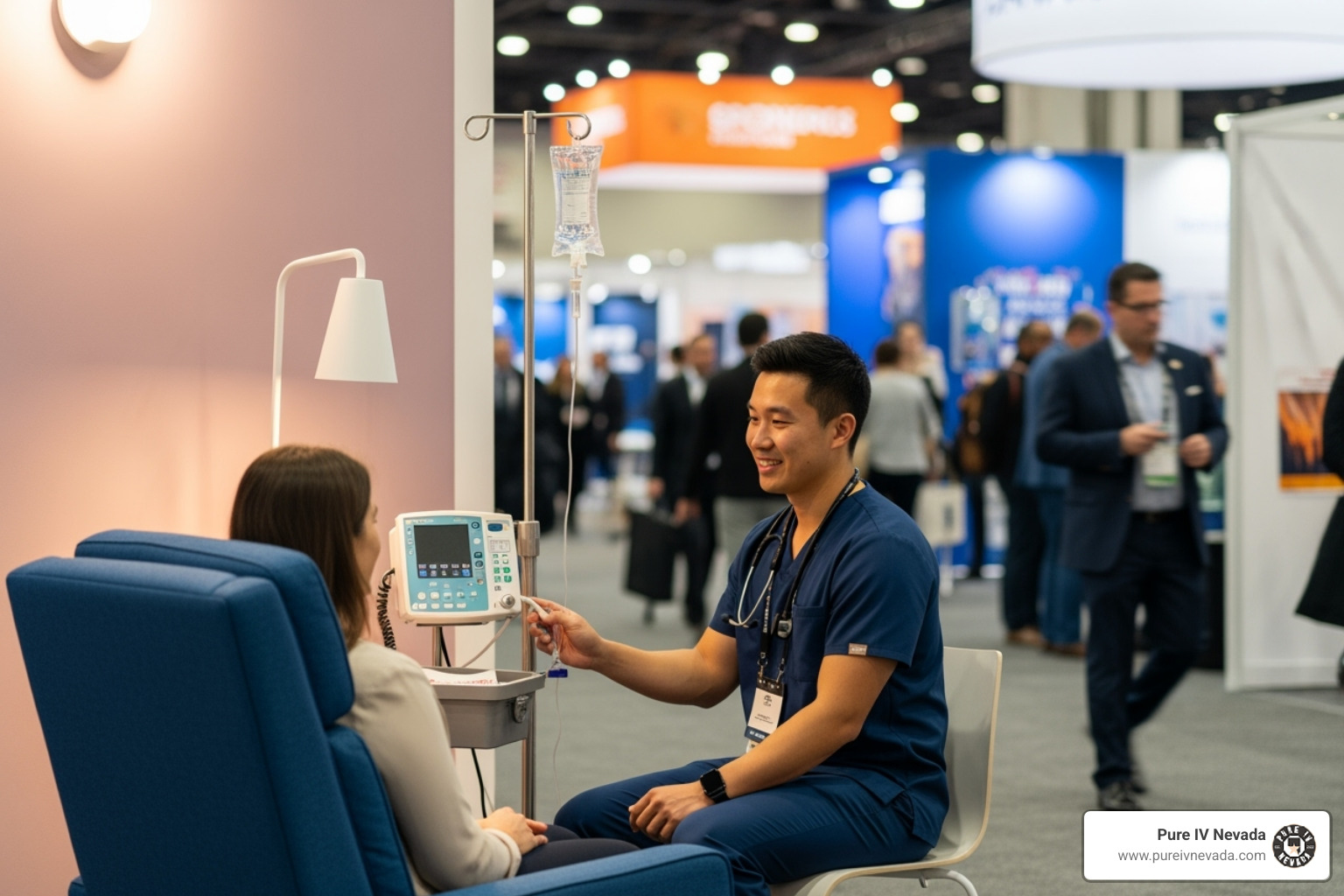 Discreet IV therapy station set up in a quiet corner of a busy trade show floor - Corporate event IV services