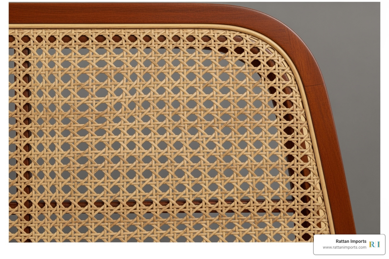 Close-up shot of the intricate cane webbing on a bed's headboard - cane bed with storage