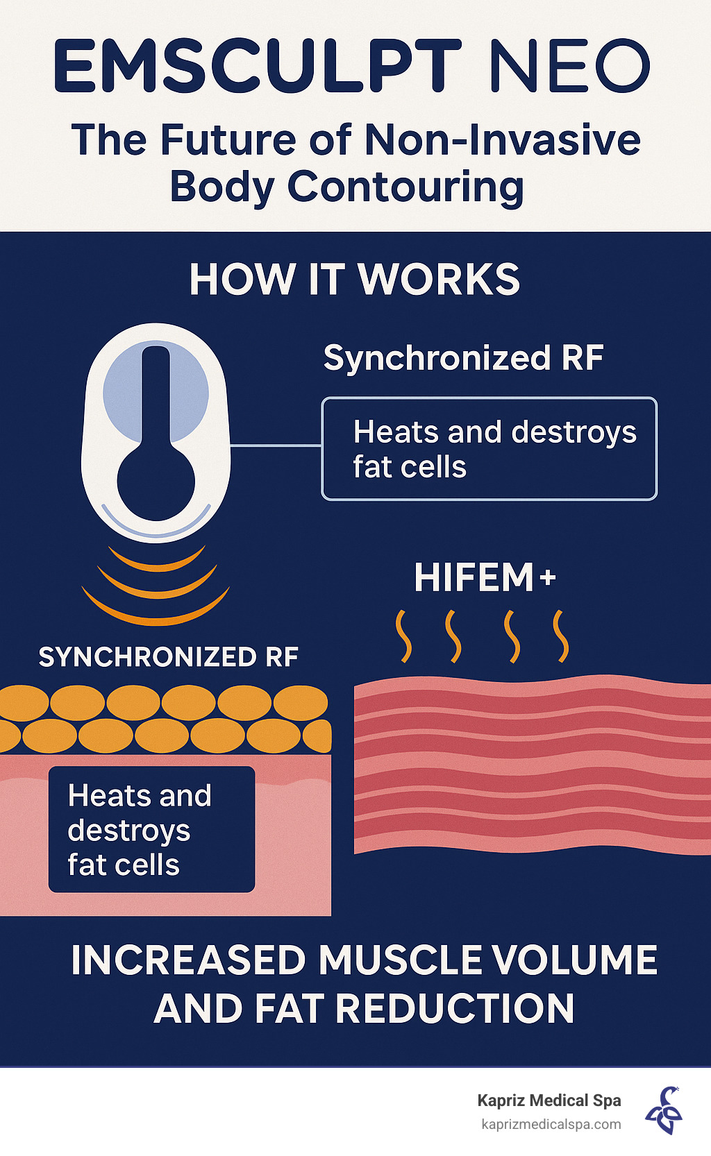 Infographic showing how Emsculpt Neo uses synchronized Radiofrequency (RF) energy to heat and destroy fat cells, and High-Intensity Focused Electromagnetic (HIFEM+) energy to induce supramaximal muscle contractions, leading to increased muscle volume and fat reduction. - emsculpt neo jacksonville fl infographic