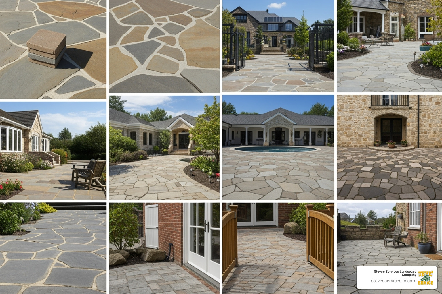 Collage showing various paver materials like flagstone, concrete, and brick - paver patio installation near me