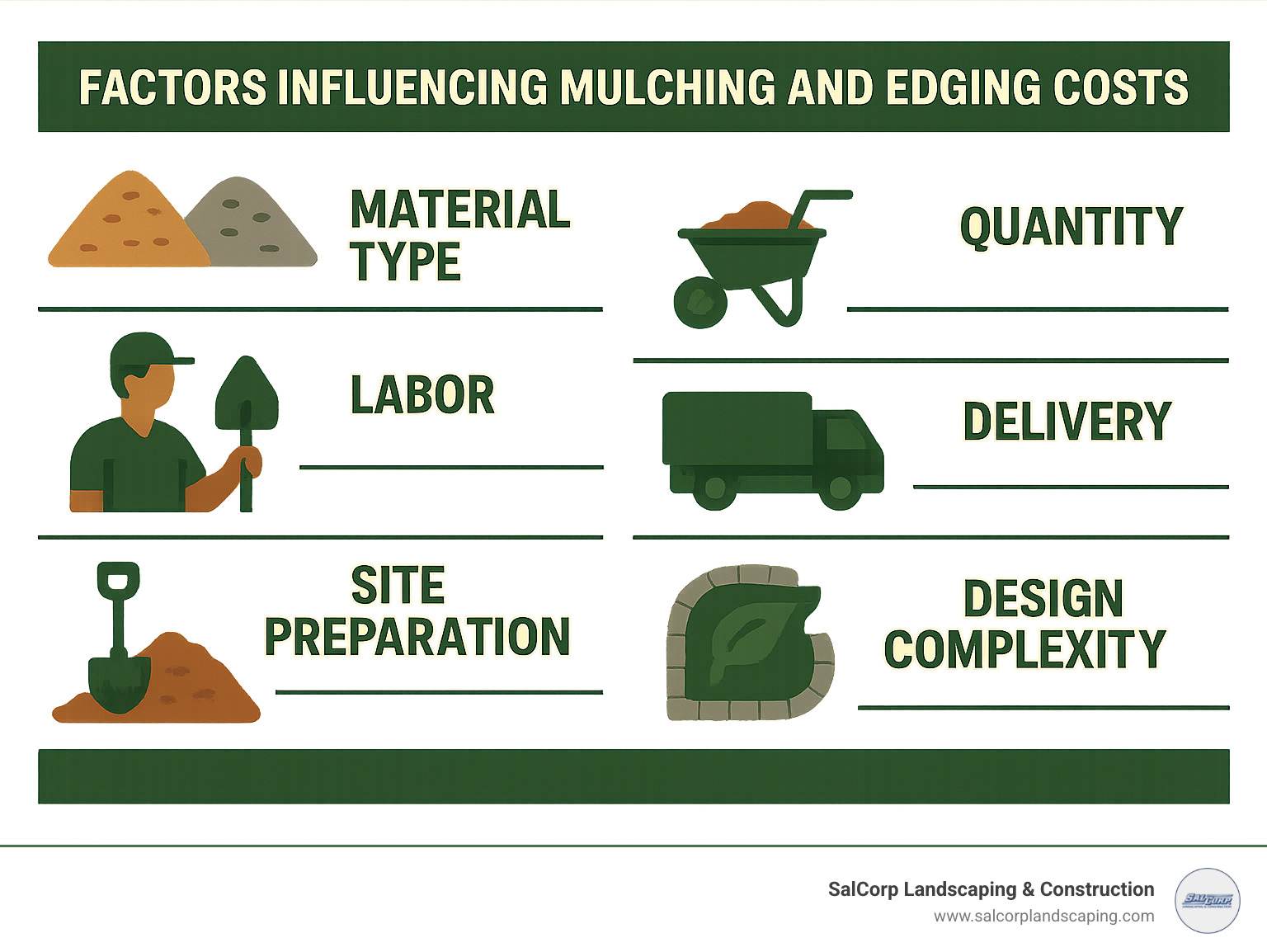 Infographic detailing factors influencing mulching and edging costs, including material type, quantity, labor, delivery, site preparation, design complexity, and seasonality. - mulching and edging cost infographic 