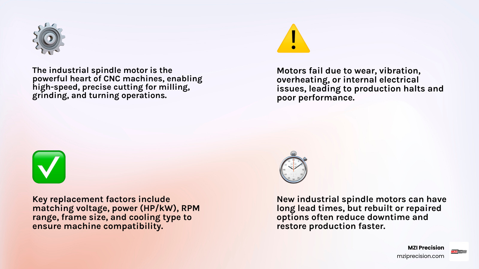 Infographic detailing the components of an industrial spindle motor and its function within a CNC machining center, showing the rotor, stator, bearings, and how it drives the cutting tool for precision manufacturing operations - spindle replacement electric motor infographic 4_facts_emoji_light-gradient