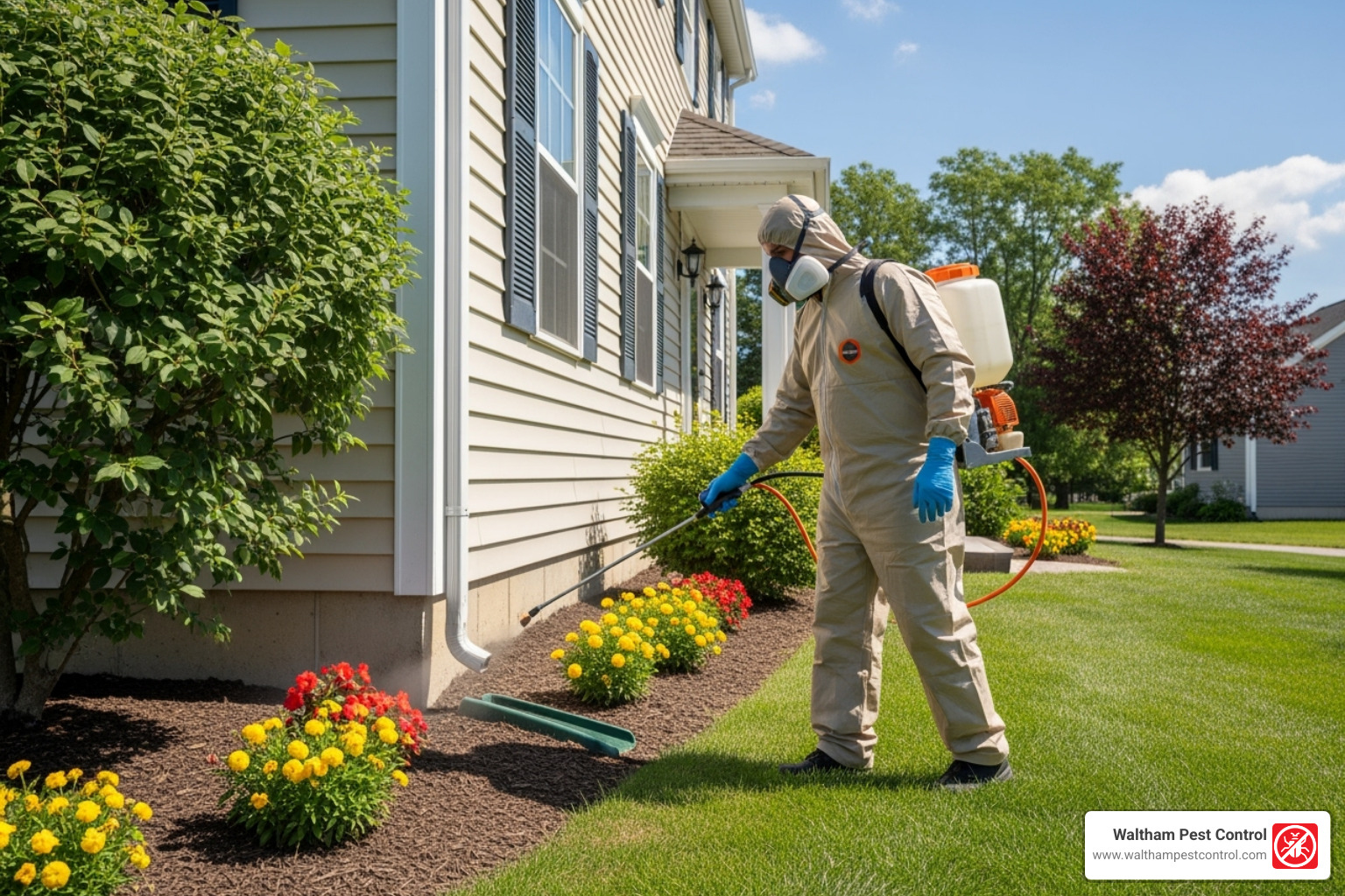 Pest control professional treating exterior foundation - exterminating carpenter ants in house