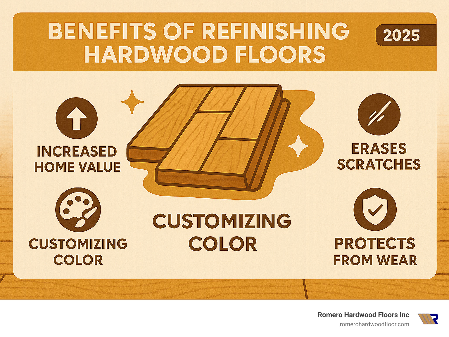 Infographic detailing the benefits of refinishing hardwood floors, including increased home value, erasing scratches, customizing color, and protecting from wear. - finishing hardwood floors infographic 