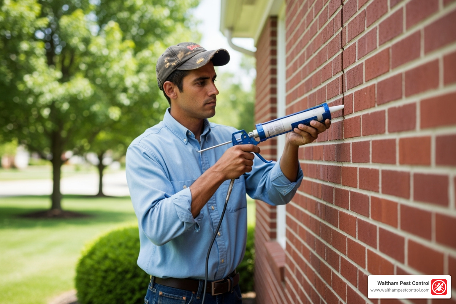 person sealing crack with caulk - exterminating carpenter ants in house