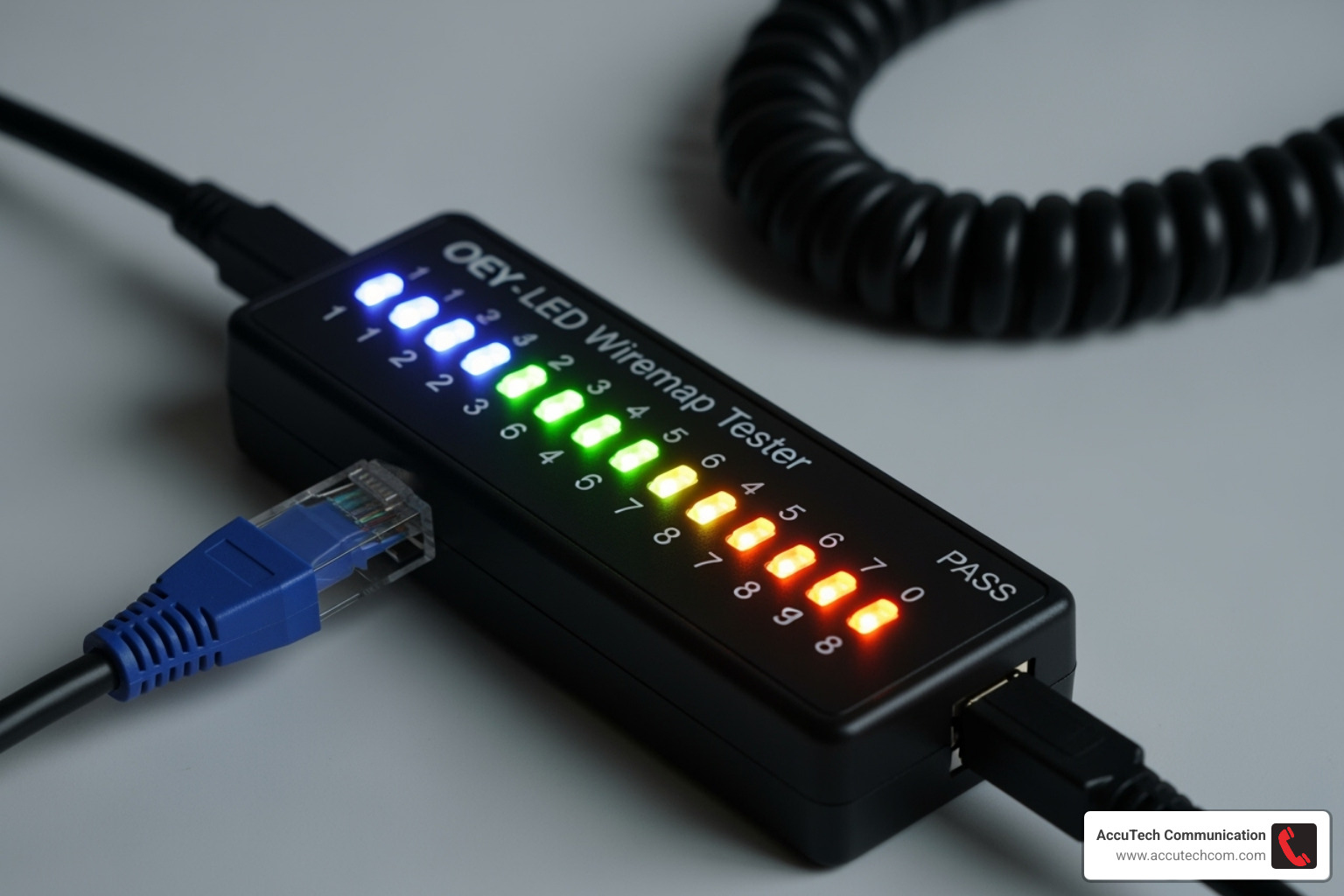 A simple LED wiremap tester showing a "pass" result with all lights illuminating in sequence - ethernet cable tester