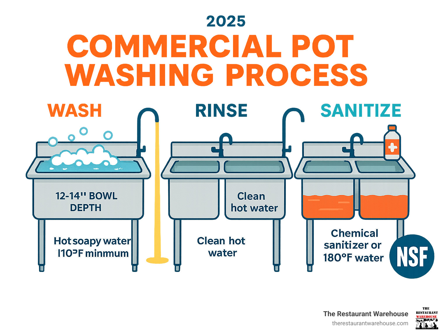Infographic showing the three-step commercial pot washing process: wash compartment with hot soapy water at 110°F minimum, rinse compartment with clean hot water, and sanitize compartment with chemical sanitizer or 180°F water, along with required bowl depths and NSF certification requirements - commercial pot wash sink infographic 