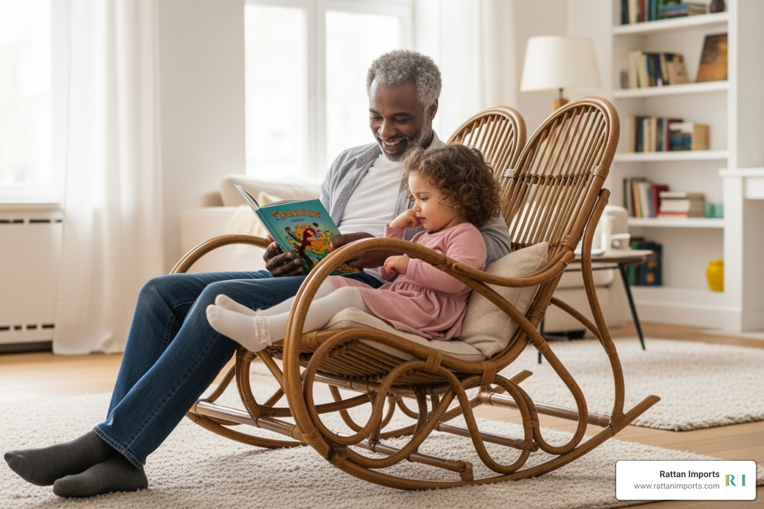 parent and child snuggled together reading a book in a spacious double rattan rocker - extra wide rocking chair
