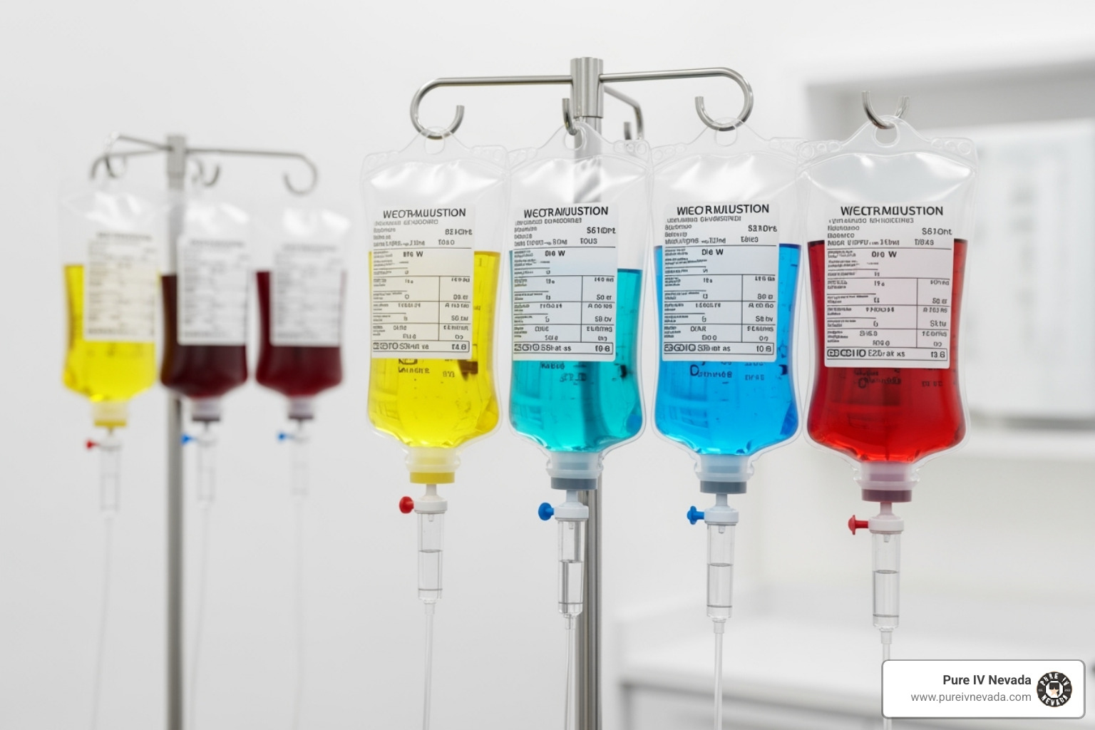 Various labeled IV drip bags, such as 'Energy,' 'Immunity,' and 'Recovery' - Corporate event IV services