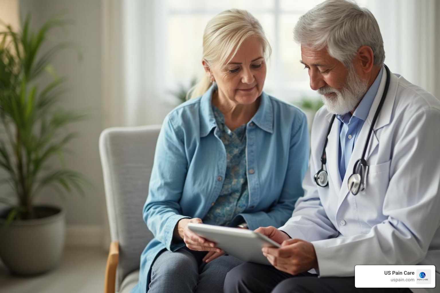 patient consulting with a doctor, looking at a tablet together - non-opioid solutions for acute pain patient consulting with a doctor, looking at a tablet together - non-opioid solutions for acute pain