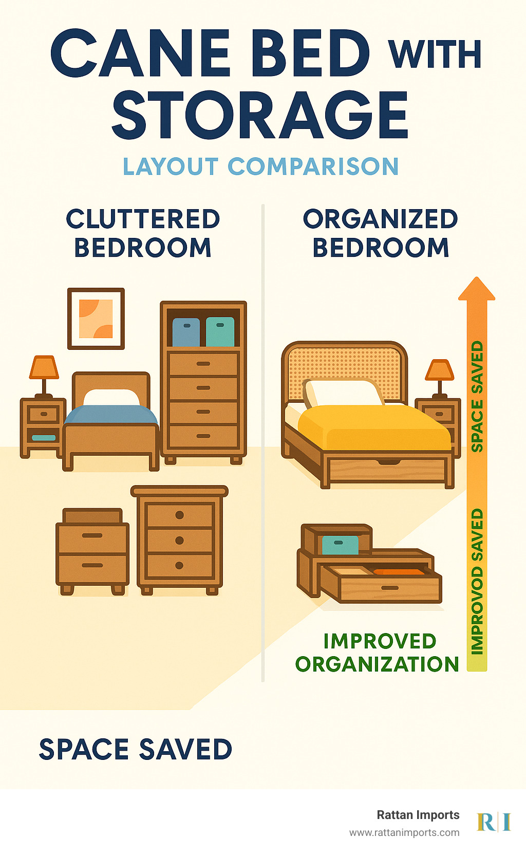 Infographic showing a bedroom layout comparison: cluttered bedroom with separate storage furniture versus organized bedroom with cane storage bed, highlighting space saved and improved organization - cane bed with storage infographic 