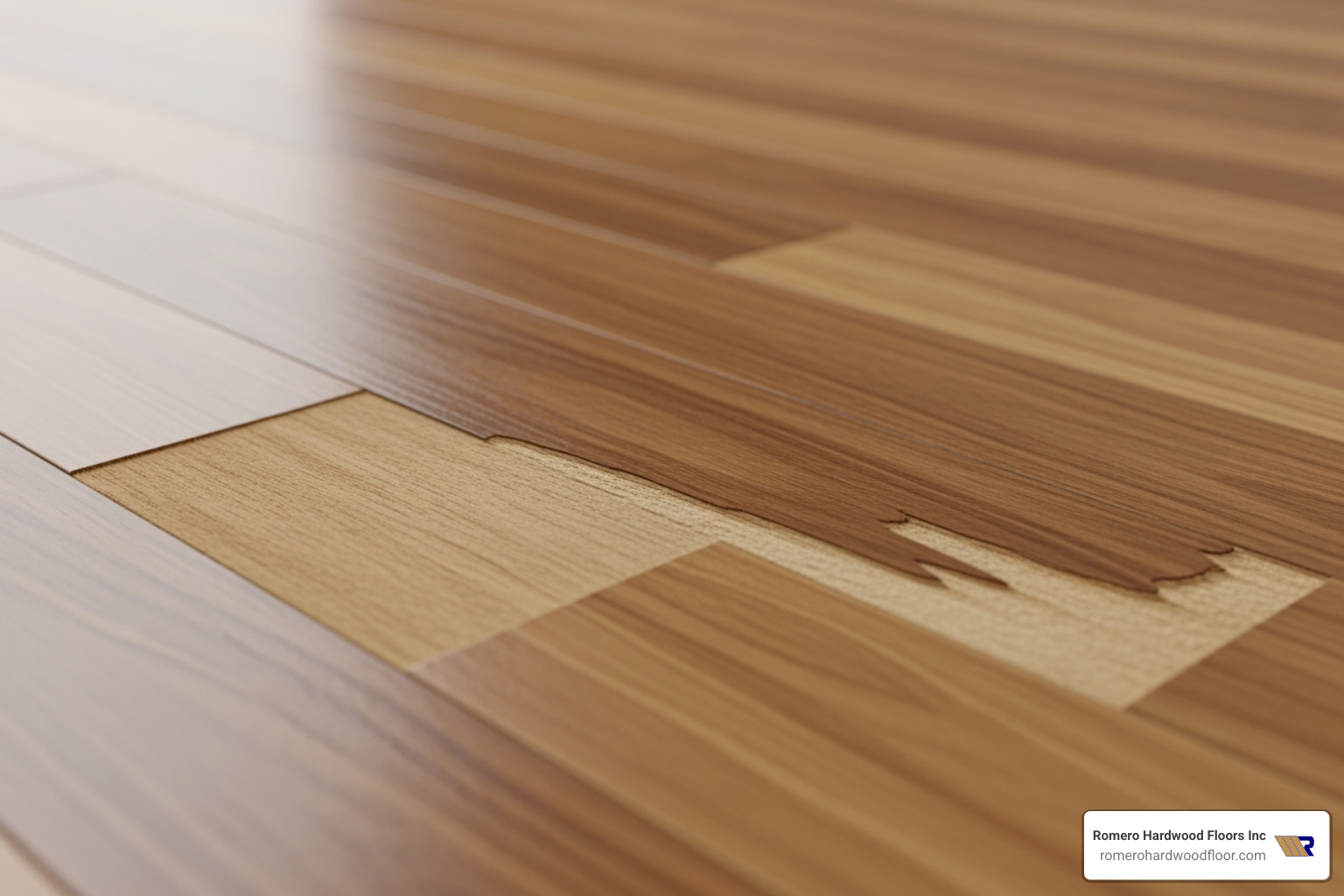 A perfectly blended and finished hardwood floor repair, indistinguishable from the original wood - hardwood floor putty repair