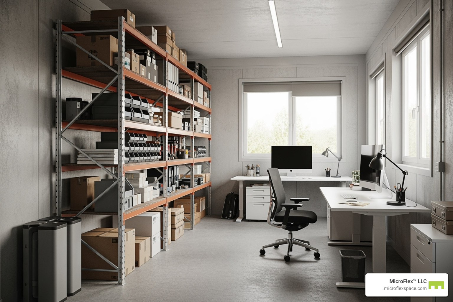 versatile flex space unit showing both storage racking and a desk setup - warehouse office space for rent