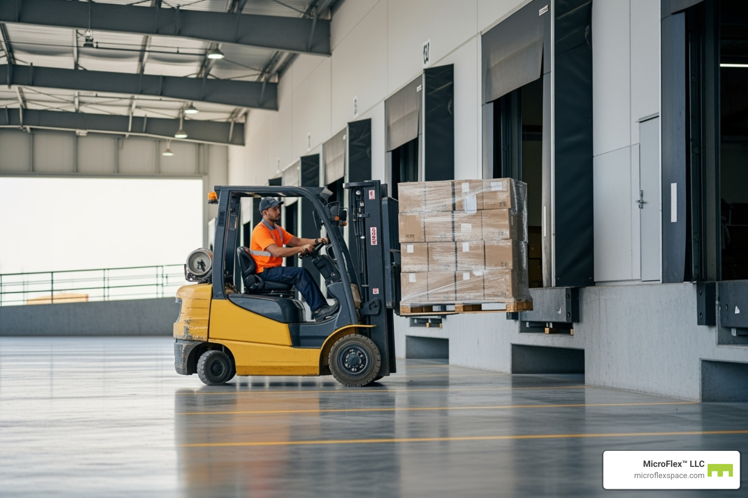 clean loading dock area with a forklift in operation - warehouse office space for rent