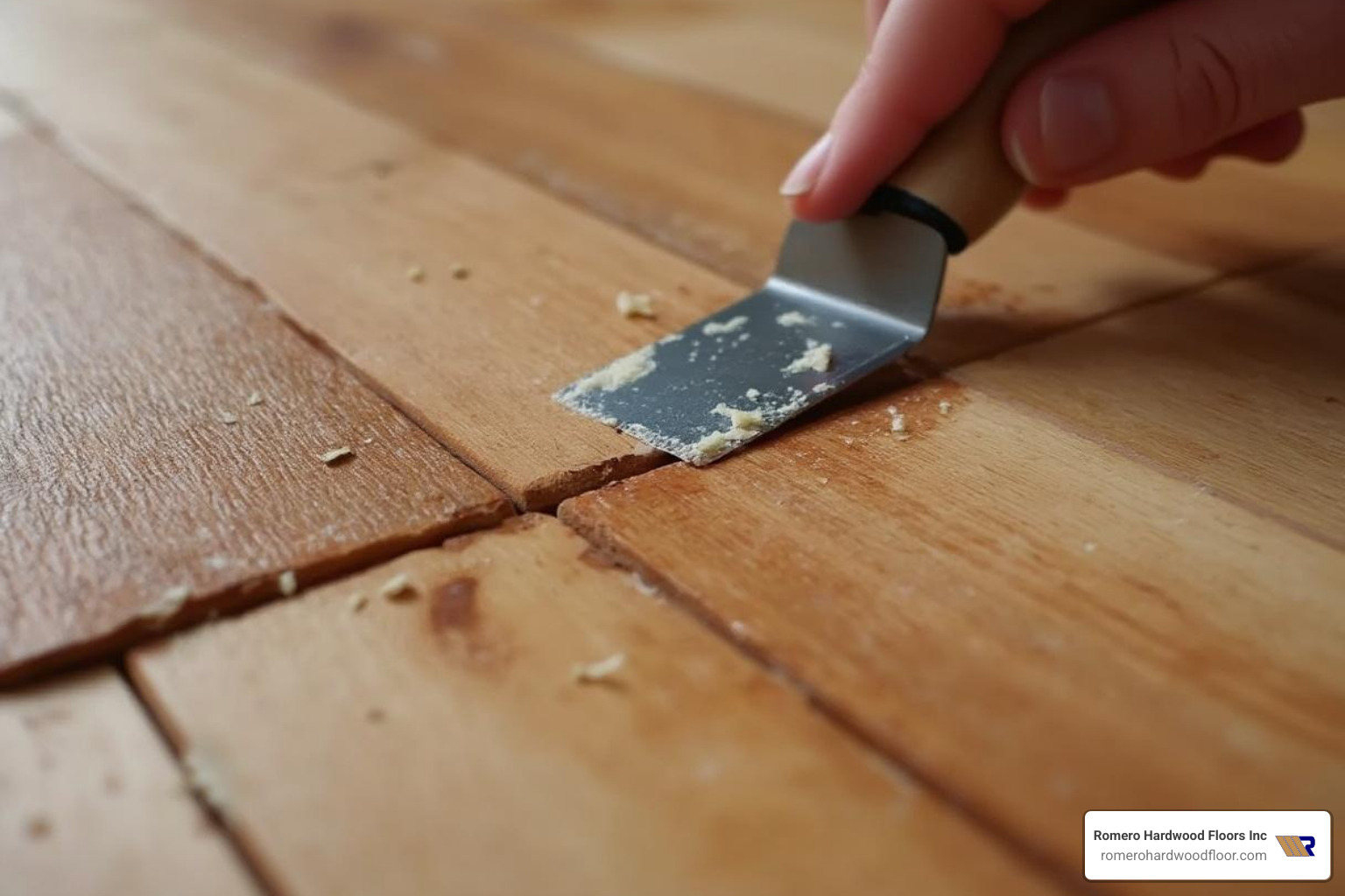 Hand using a putty knife to press wood filler into a gap - hardwood floor putty repair