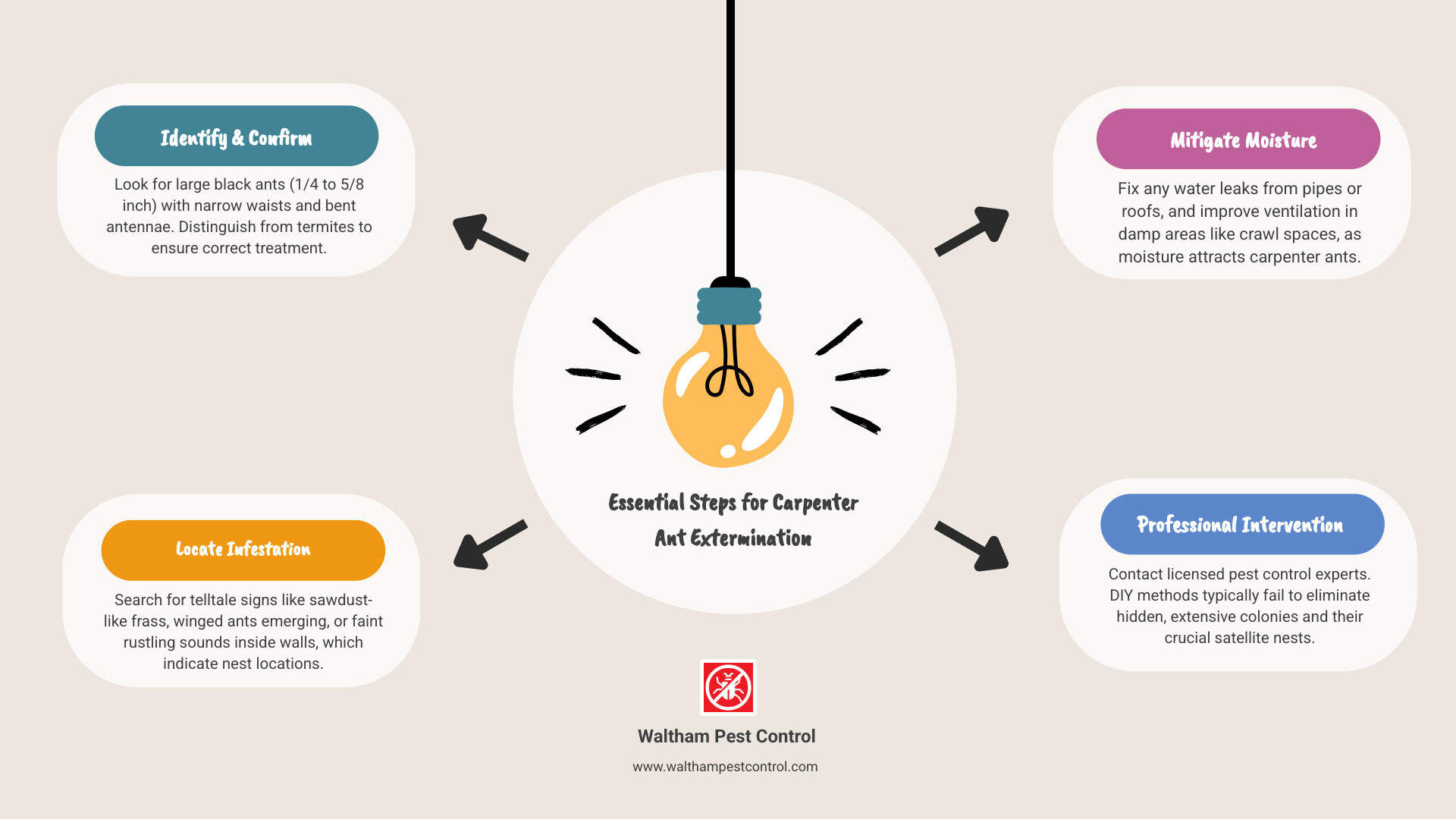 Infographic showing step-by-step carpenter ant extermination process including identification, inspection, treatment methods, and prevention strategies with visual comparisons between carpenter ants and termites - exterminating carpenter ants in house infographic brainstorm-4-items
