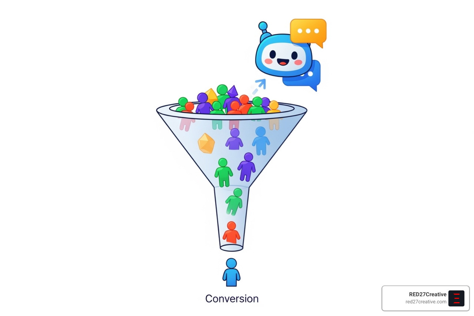 AI Chatbots That Small Businesses Actually Love • Chatbot for small businesses • RED27Creative A sales funnel with a chatbot at the top, guiding leads through the process, symbolizing automated lead nurturing and conversion. - Chatbot for small businesses