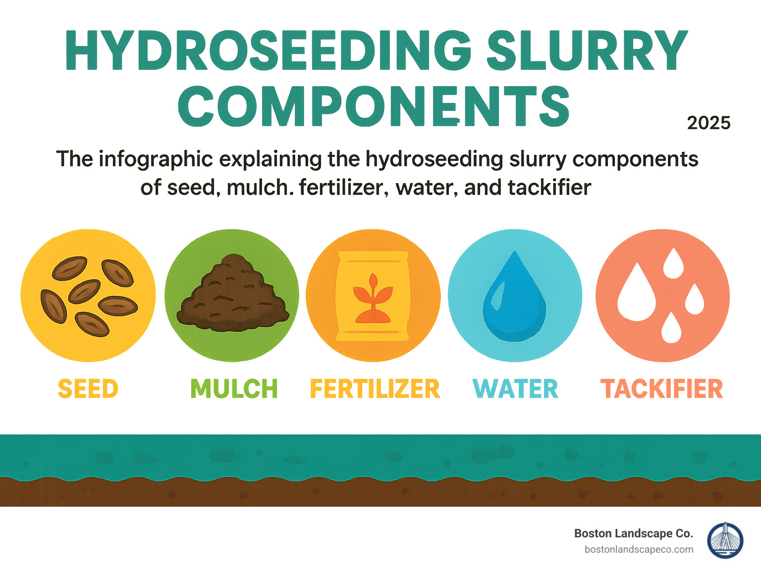 Infographic explaining the hydroseeding slurry components of seed, mulch, fertilizer, water, and tackifier - commercial hydroseeding near me infographic
