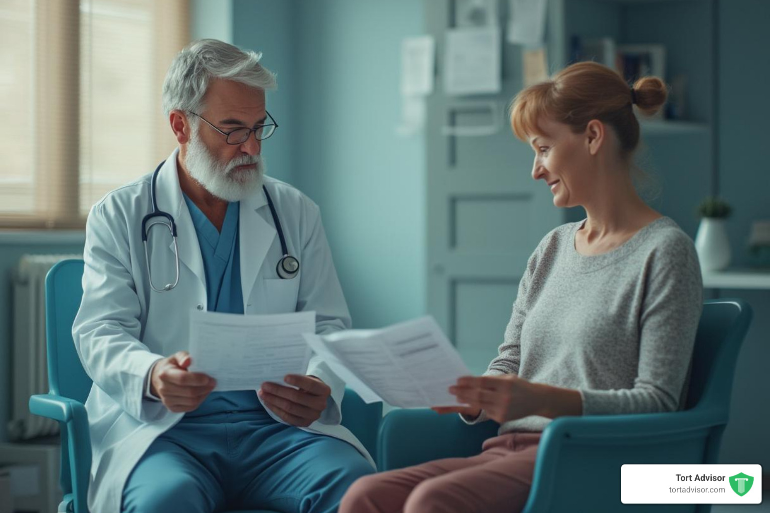 of a doctor reviewing medical charts with a patient - afff lawsuit settlement amounts