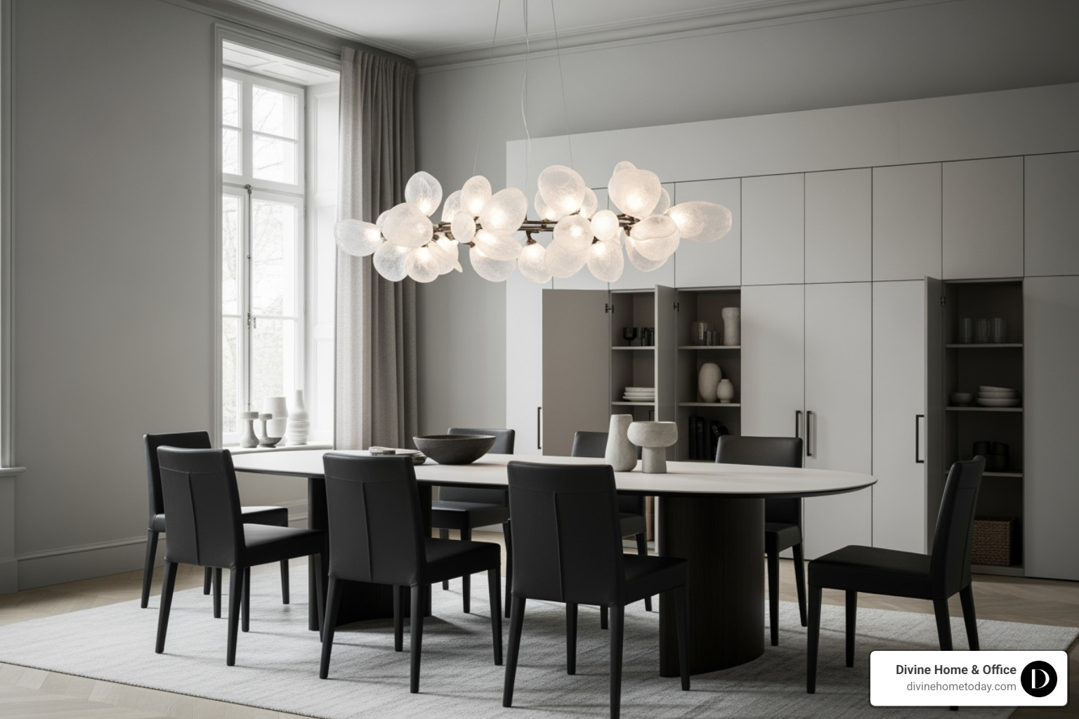 contemporary dining room with a large, sculptural pendant light over the table - contemporary residential room design