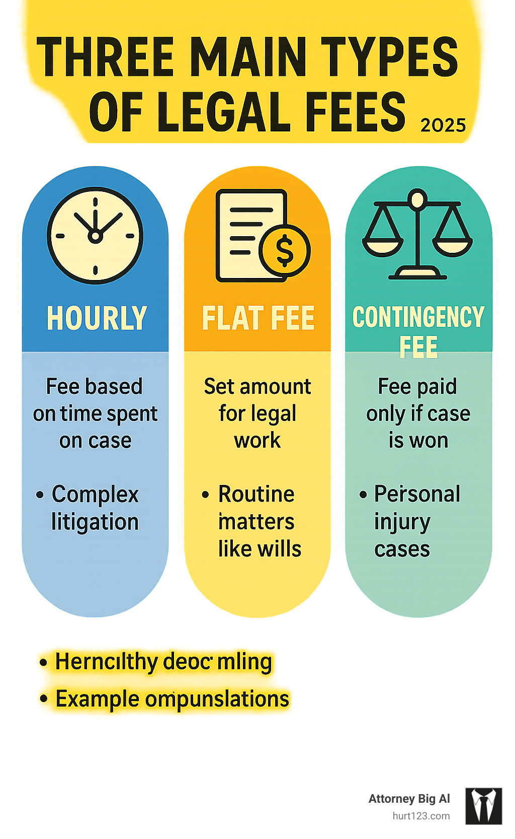 Infographic explaining the three main types of legal fees: Hourly, Flat Fee, and Contingency Fee, with brief descriptions and common use cases for each, such as Hourly for complex litigation, Flat Fee for routine matters like wills, and Contingency for personal injury cases. - Are lawyer fees negotiable infographic 