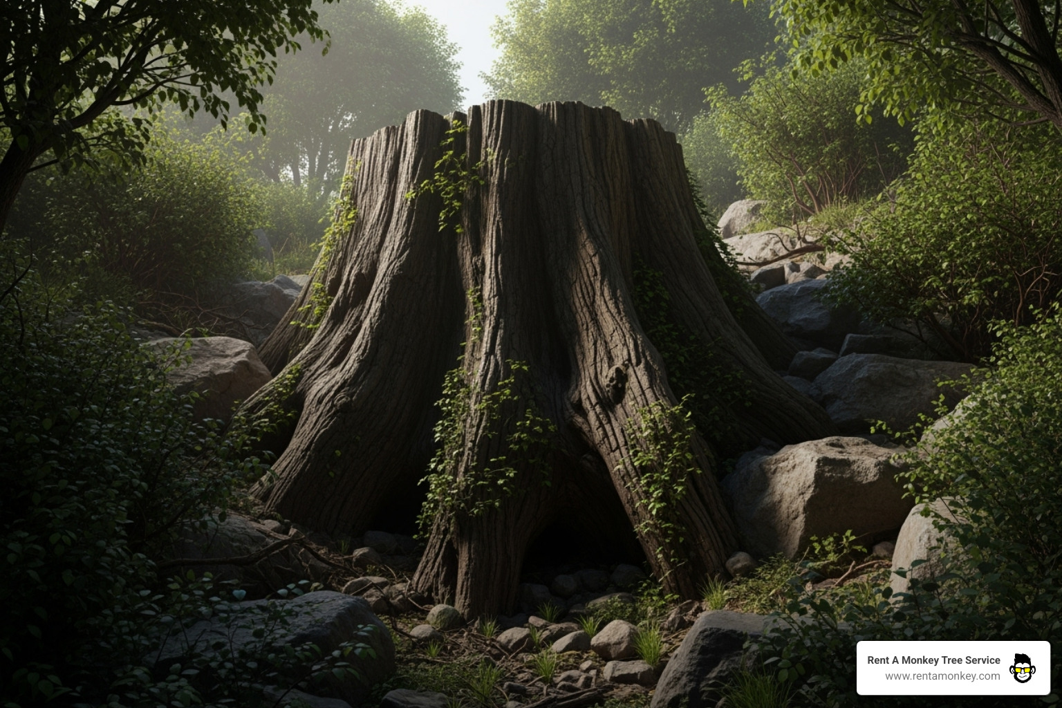 A very large, difficult-to-access tree stump, illustrating the challenges that can influence the cost of stump grinding. - stump grinding salt lake city