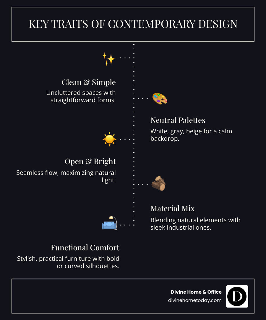 Key Characteristics of Contemporary Residential Room Design - contemporary residential room design infographic infographic-line-5-steps-dark